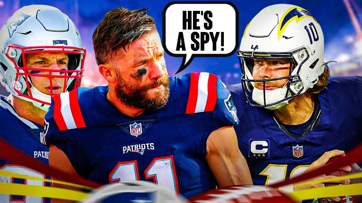 Julian Edelman and Rob Gronkowski on one side with a speech bubble that says "He's a spy!", Justin Herbert on the other side