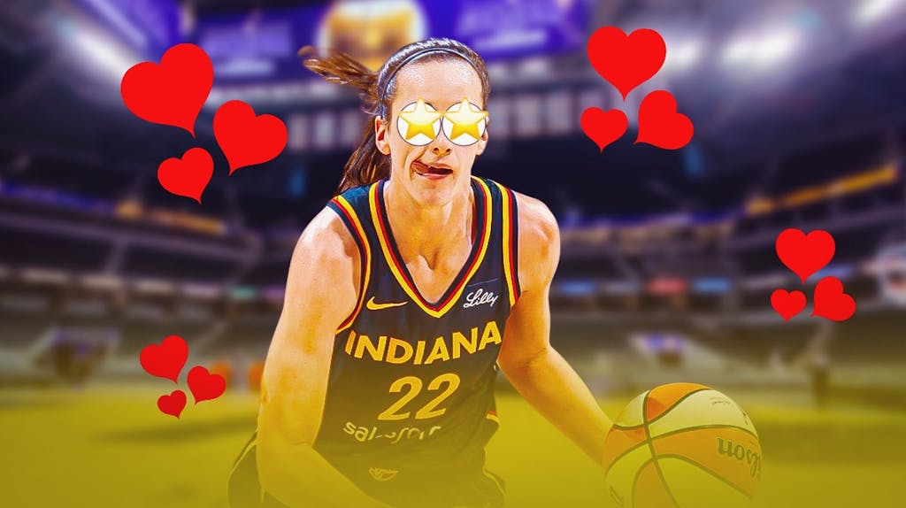 Indiana Fever player Caitlin Clark inside Gainbridge Fieldhouse in Indianapolis, with the starry-eyed emoji and hearts surrounding her