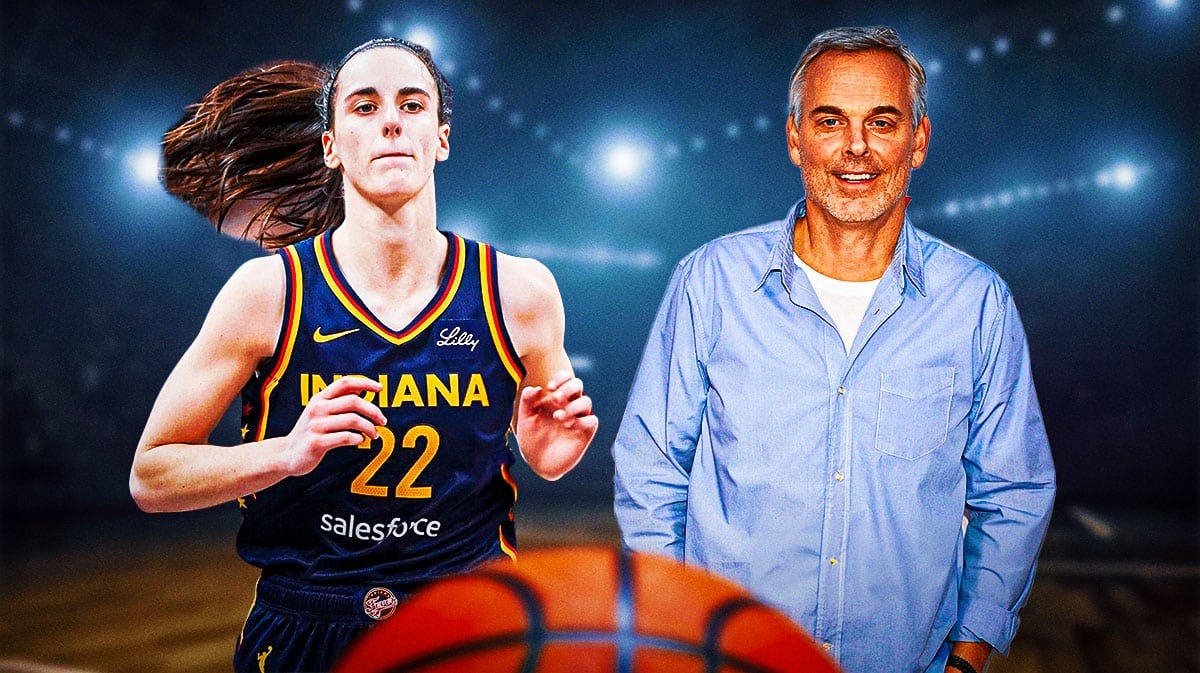 Indiana Fever star Caitlin Clark next to Colin Cowherd in front of the Gainbridge Fieldhouse.