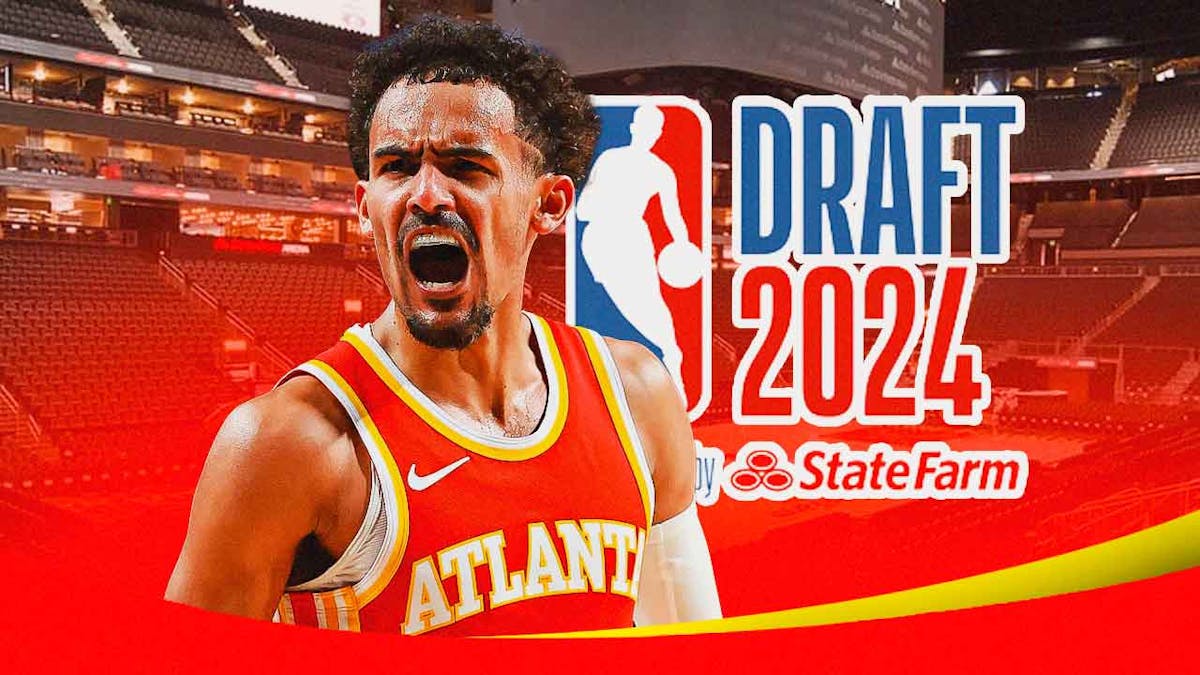 Hawks Trae Young next to the 2024 NBA Draft logo