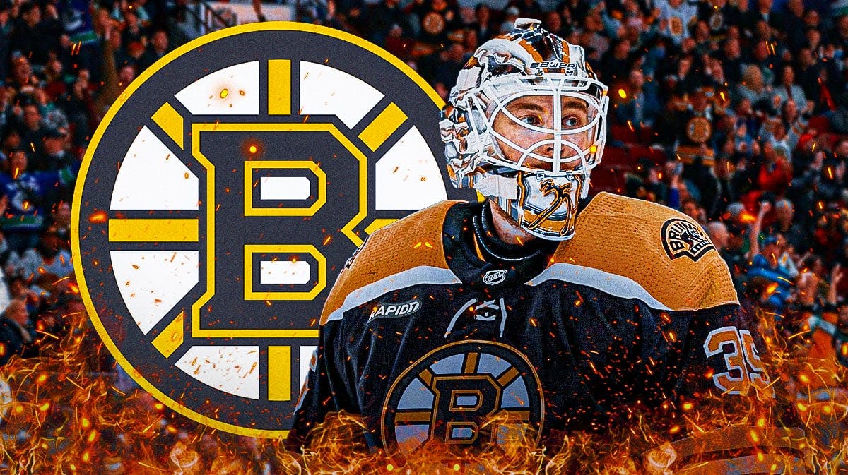 Linus Ullmark in image looking happy with fire around him, Boston Bruins logo, hockey rink in background