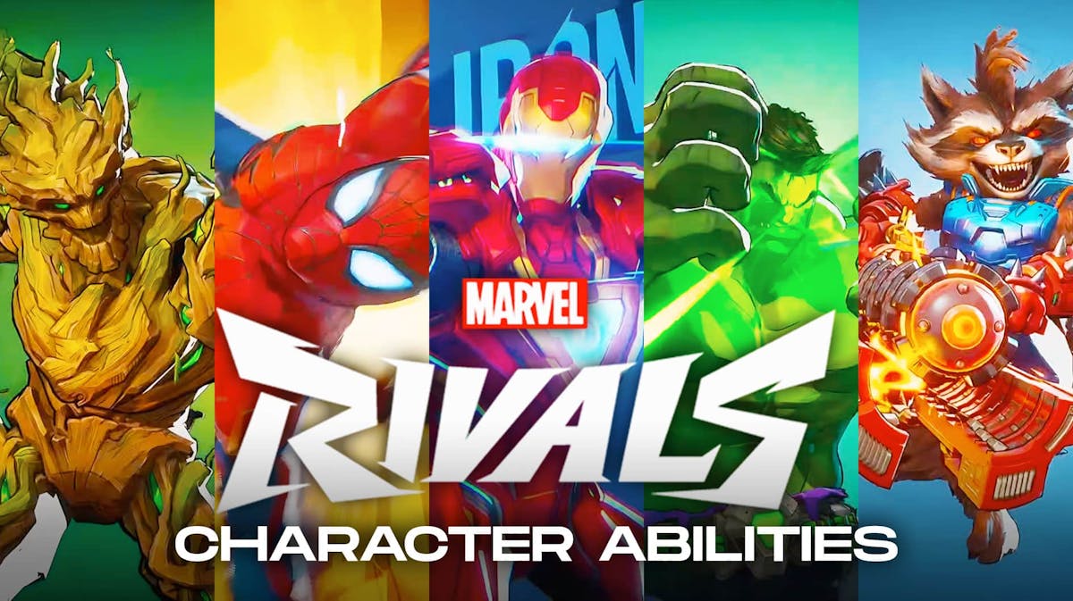 Groot, Spider-Man, Iron Man, Hulk, and Rocket in the background with Marvel Rivals logo and the phrase Character Abilities under the logo