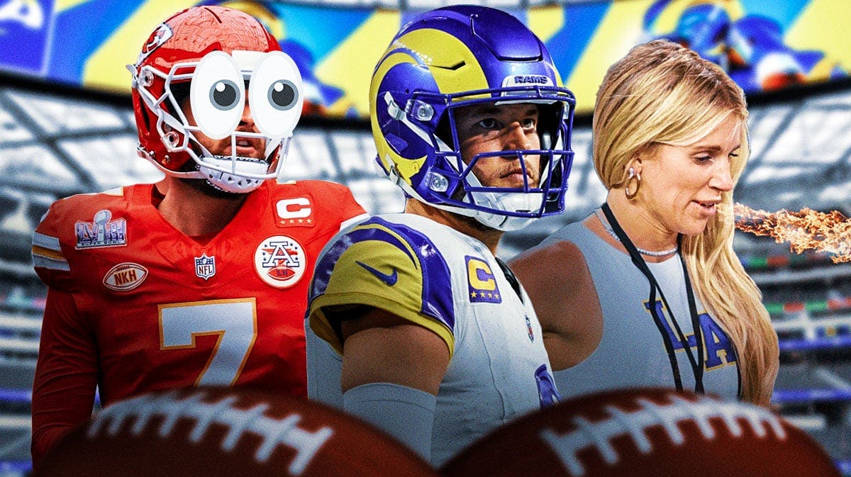 Matthew Stafford and Kelly Stafford on one side, Kelly breathing fire, Harrison Butker on the other side with the big eyes emoji over his face. Chiefs