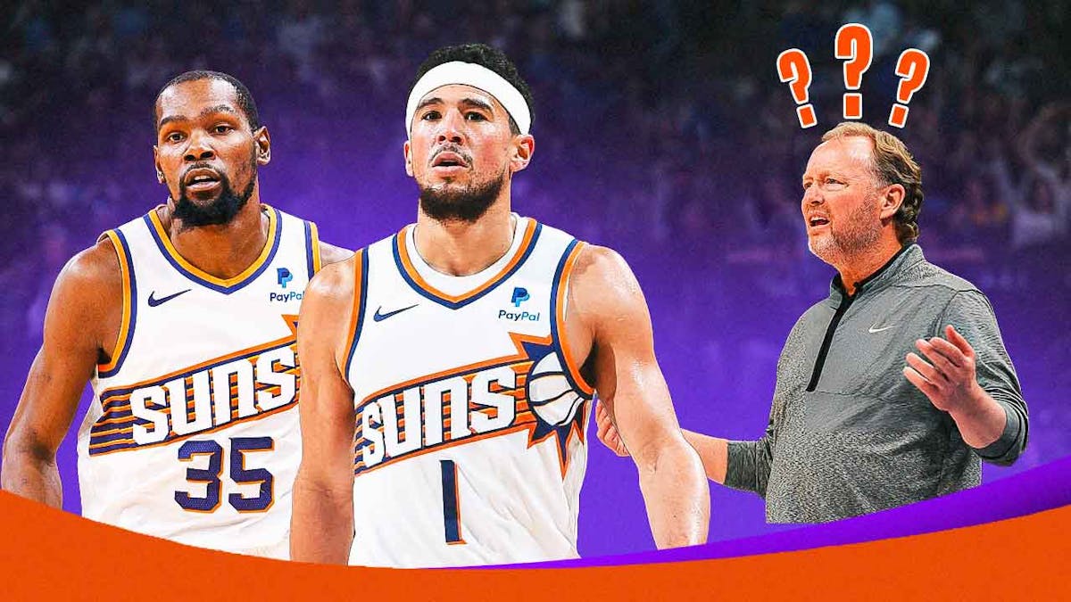 Suns' Mike Budenholzer looking at Devin Booker and Kevin Durant, with question marks on top of him