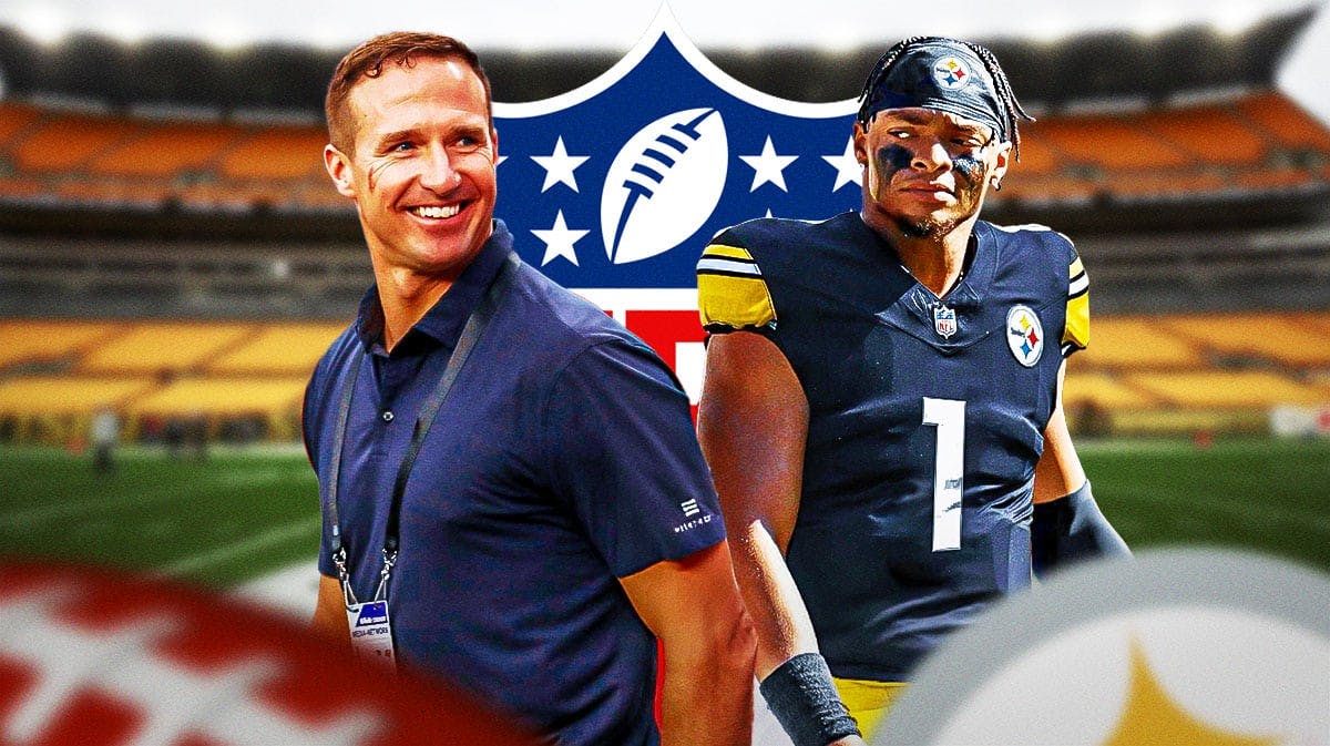 Former NFL QB Drew Brees next to Pittsburgh Steelers QB Justin Fields and a logo for the NFL.