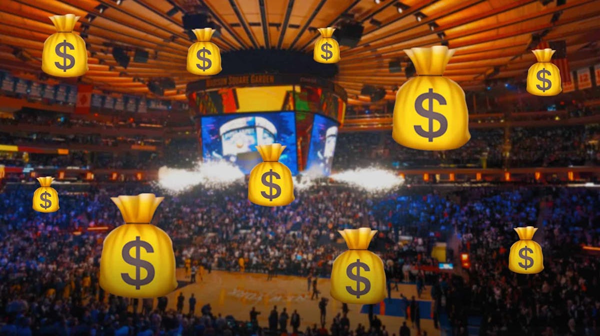 Madison Square Garden with moneybag emojis around it.