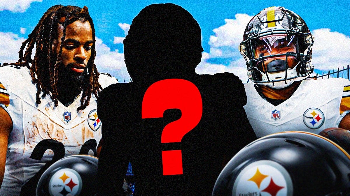 Pittsburgh Steelers running backs Najee Harris and Jaylen Warren next to a silhouette of an American football player with a big question mark in it. There is also a logo for the PIttsburgh Steelers.