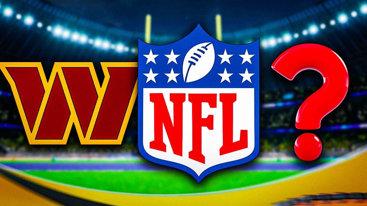 In the middle of the picture is the logo for the NFL. On the side is a logo for the Washington Commanders. On the right side is a big question mark.