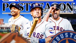 Astros Alex Bregman, Justin Verlander, and Jose Altuve smiling next to an MLB playoffs logo