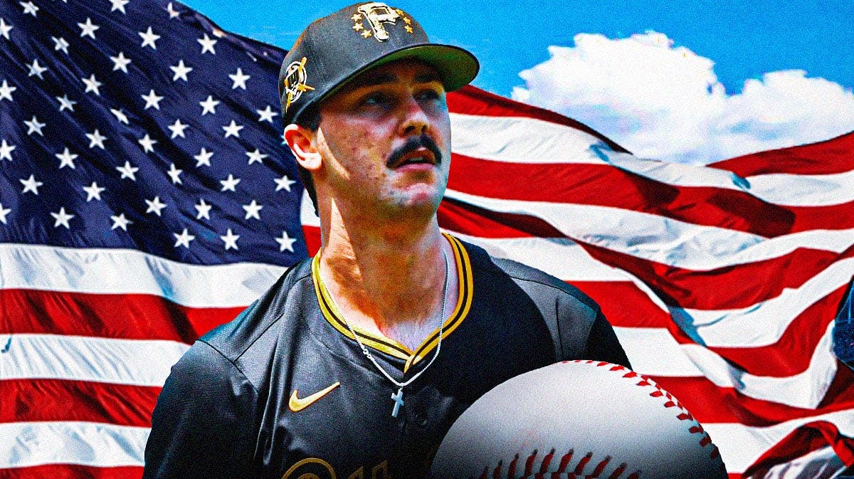 Pirates pitcher Paul Skenes, with an American flag behind him.