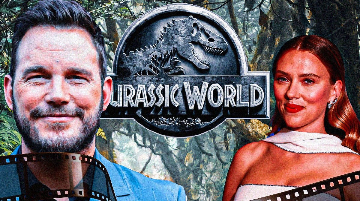 Jurassic World logo with MCU stars Chris Pratt and Scarlett Johansson.