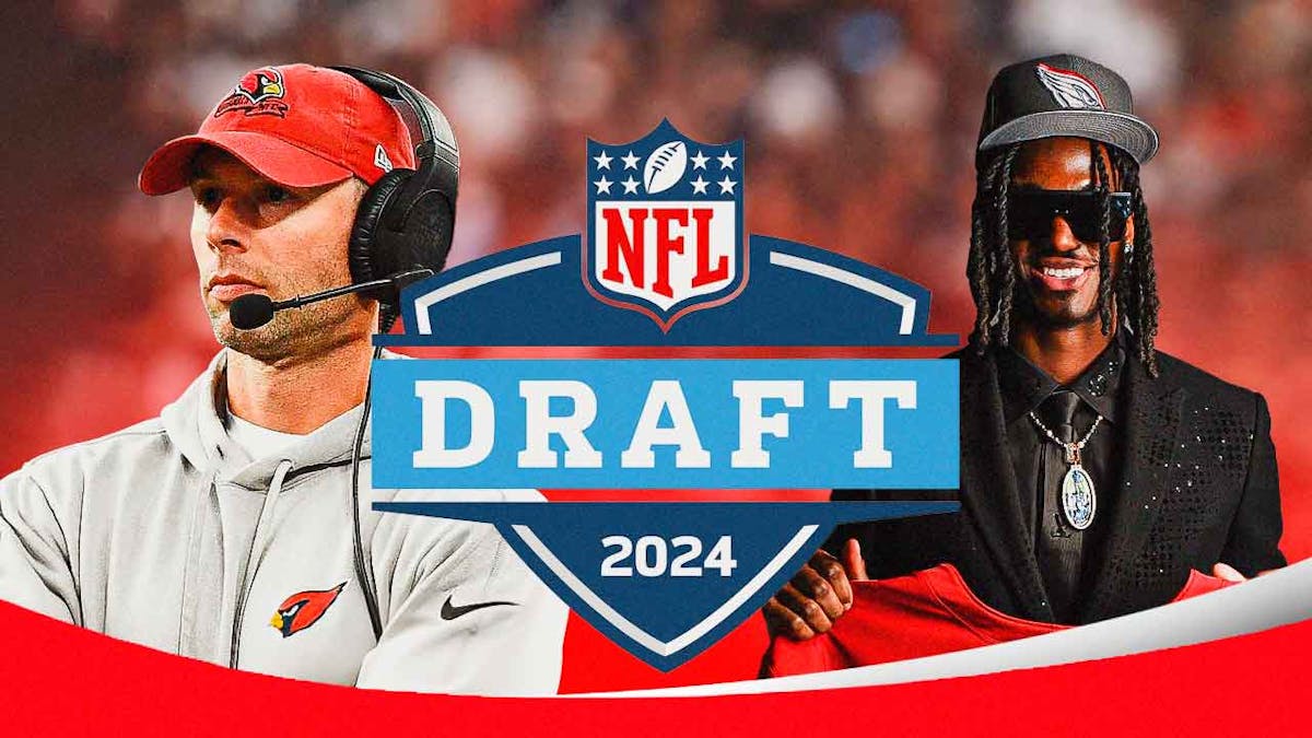 Cardinals Jonathan Gannon and Marvin Harrison Jr next to the 2024 NFL Draft logo