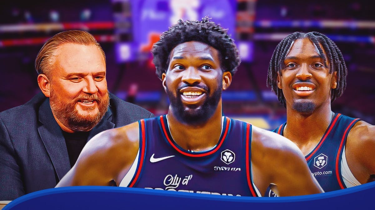 76ers' Daryl Morey, Joel Embiid and Tyrese Maxey