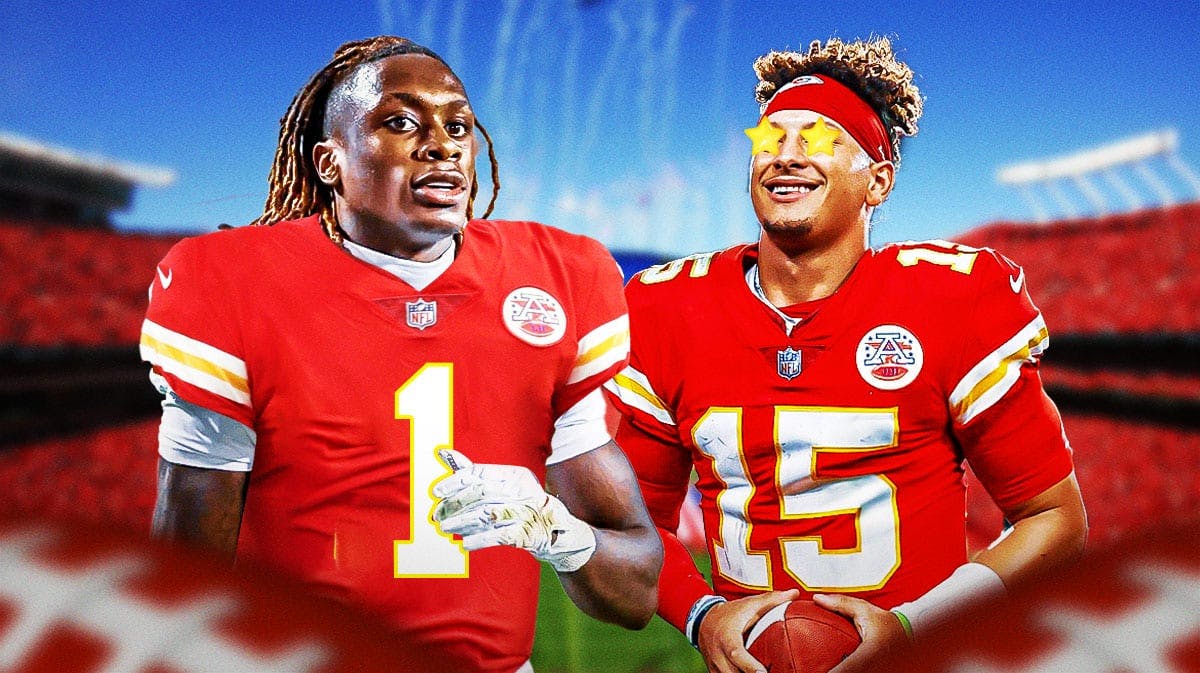 Xavier Worthy in a Kansas City Chiefs uniform on one side, Patrick Mahomes on the other side with stars in his eyes