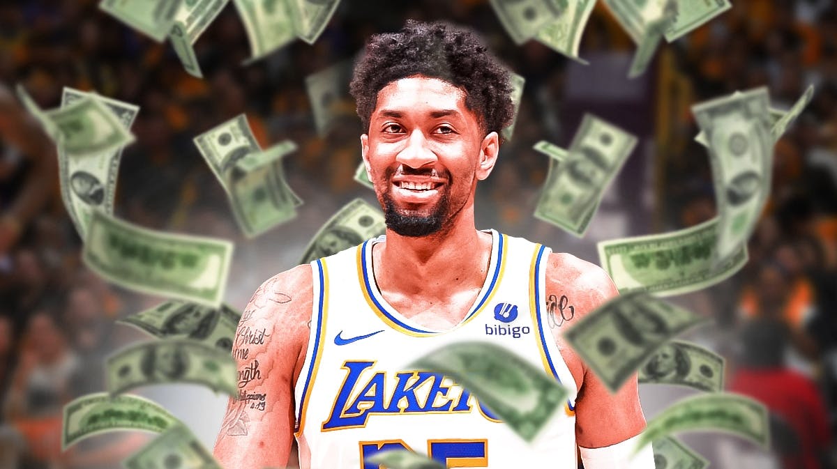 Lakers' Christian Wood smiling, with dollars falling from the sky