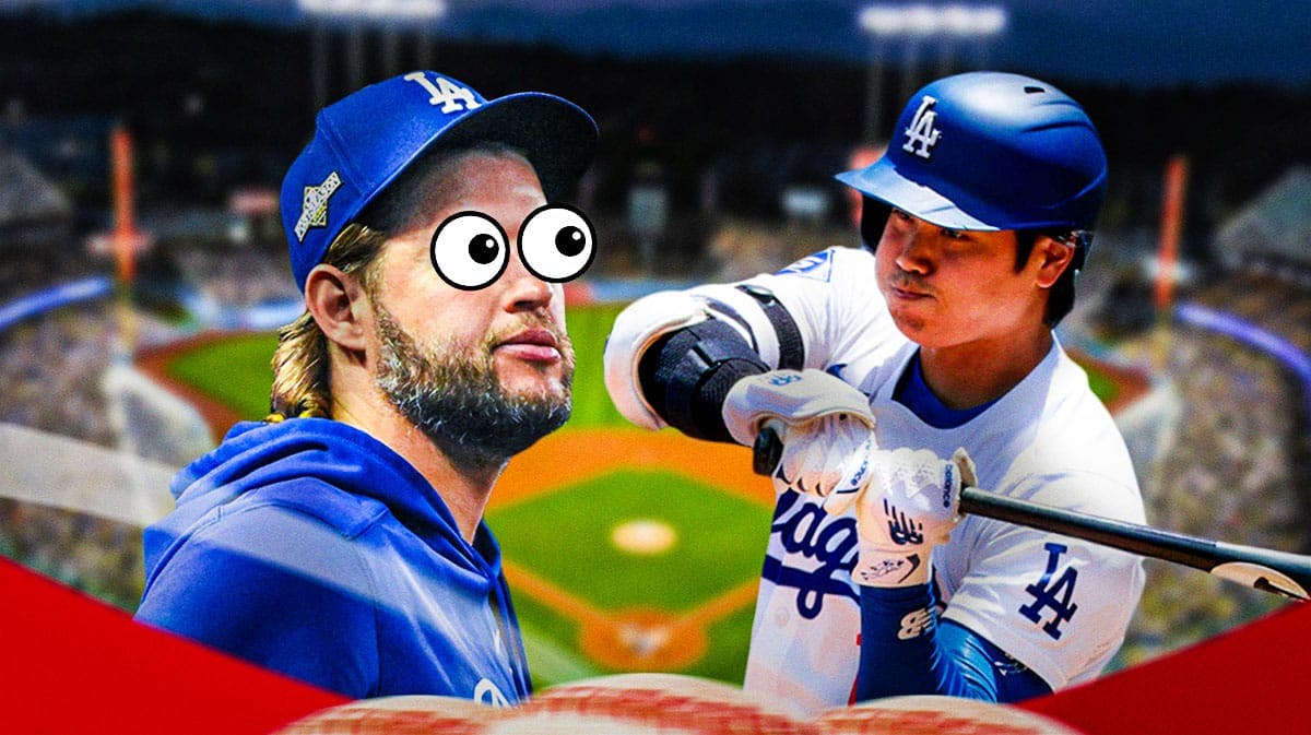 Dodgers' Clayton Kershaw with eyes popping out watching Dodgers' Shohei Ohtani swing a baseball bat at Dodger Stadium.