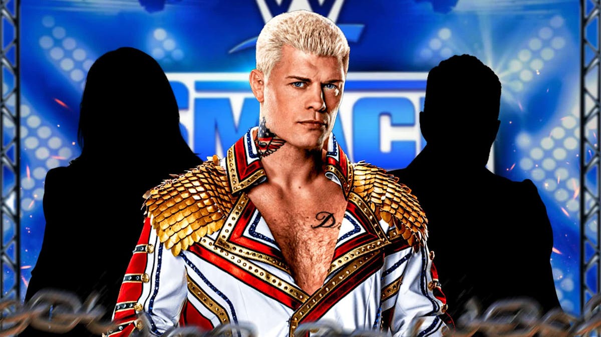 Cody Rhodes with the blacked-out silhouette of LA Knight on his left and the blacked-out silhouette of AJ Styles on his right with the SmackDown logo as the background.