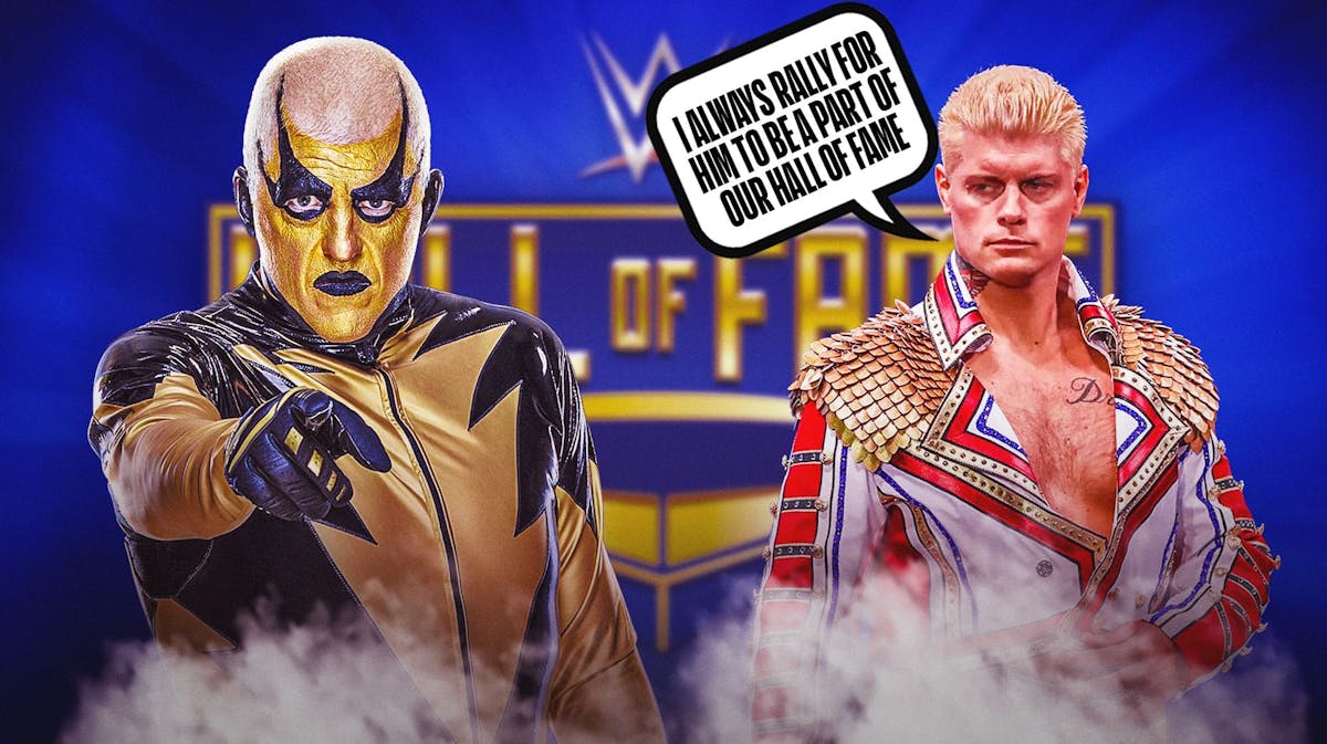 Cody Rhodes with a text bubble reading "I always rally for him to be a part of our Hall of Fame" next to Goldust with the WWE Hall of Fame logo as the background.
