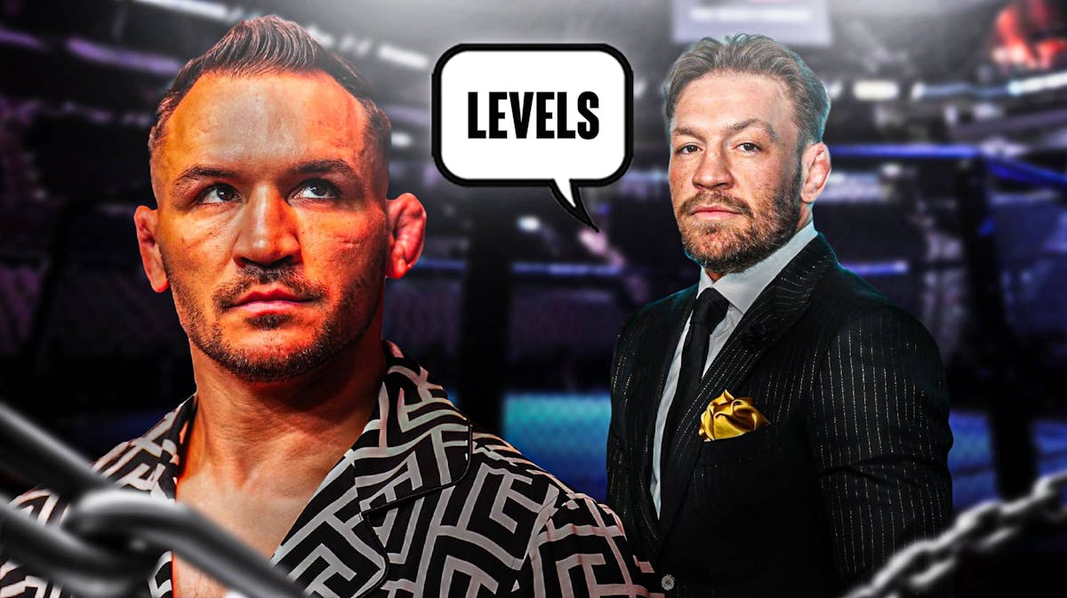 Conor McGregor saying: 'Levels' next to Michael Chandler, the UFC cage behind them