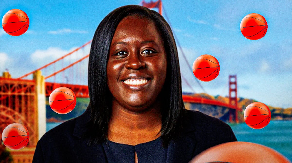 Former New York Liberty assistant general manager Ohemma Nyanin, in front of the San Francisco Golden Gate Bridge, with basketballs all around the thumb
