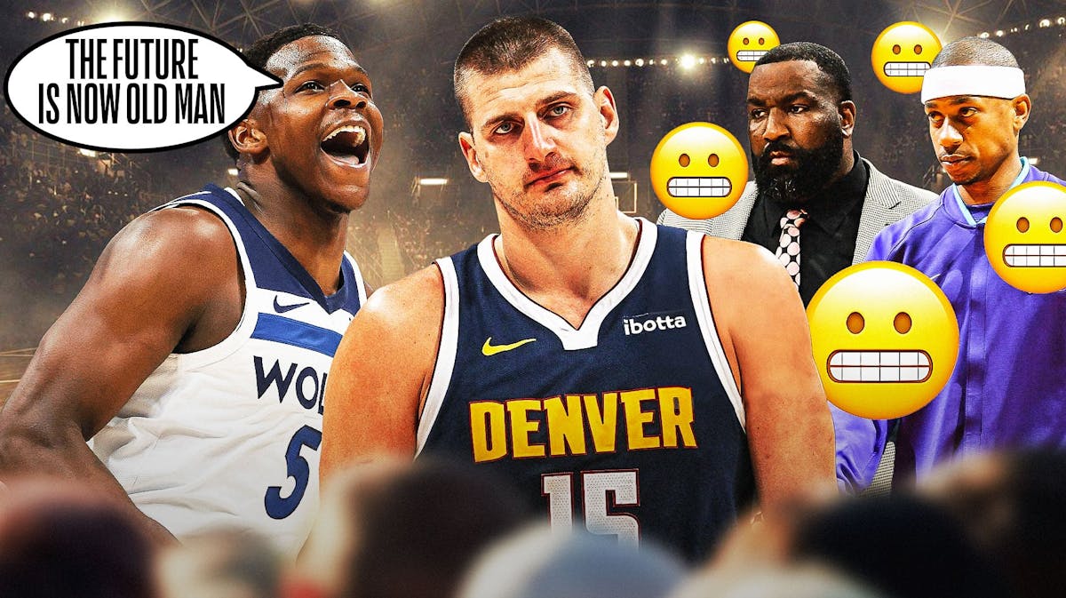 Timberwolves' Anthony Edwards hyped up, with speech bubble: THE FUTURE IS NOW OLD MAN, with Nuggets' Nikola Jokic sad, with Isaiah Thomas and Kendrick Perkins looking serious beside them and the grimace emojis all over Thomas and Perkins