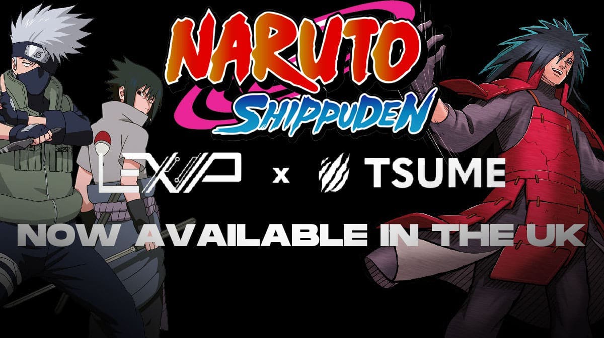 key image with logo of lexip, naruto shippuden and tsume art, with sasuke, kakashi, and madara in the background