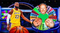 Lakers' LeBron James spinning a wheel of fortune, with heads of Mike Budenholzer, Tyronn Lue, and JJ Redick on the spokes of the wheel