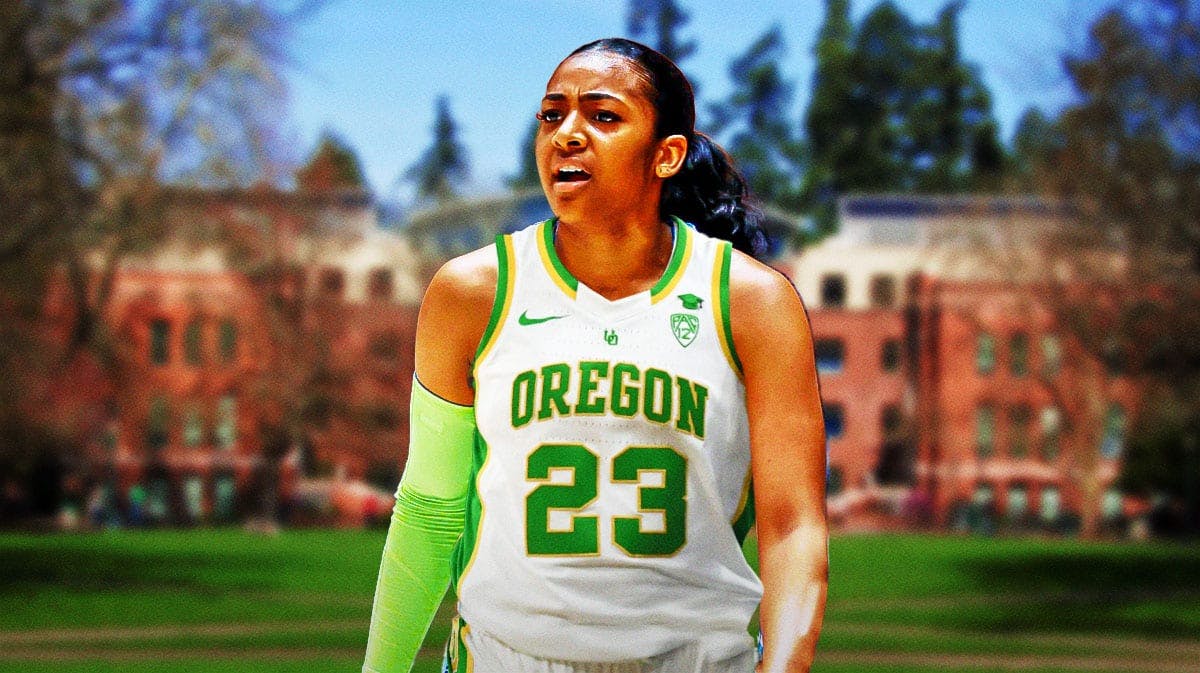 Former North Carolina women's basketball player Deja Kelly, with a jersey swap so she is in a University of Oregon jersey, with the University of Oregon as the background
