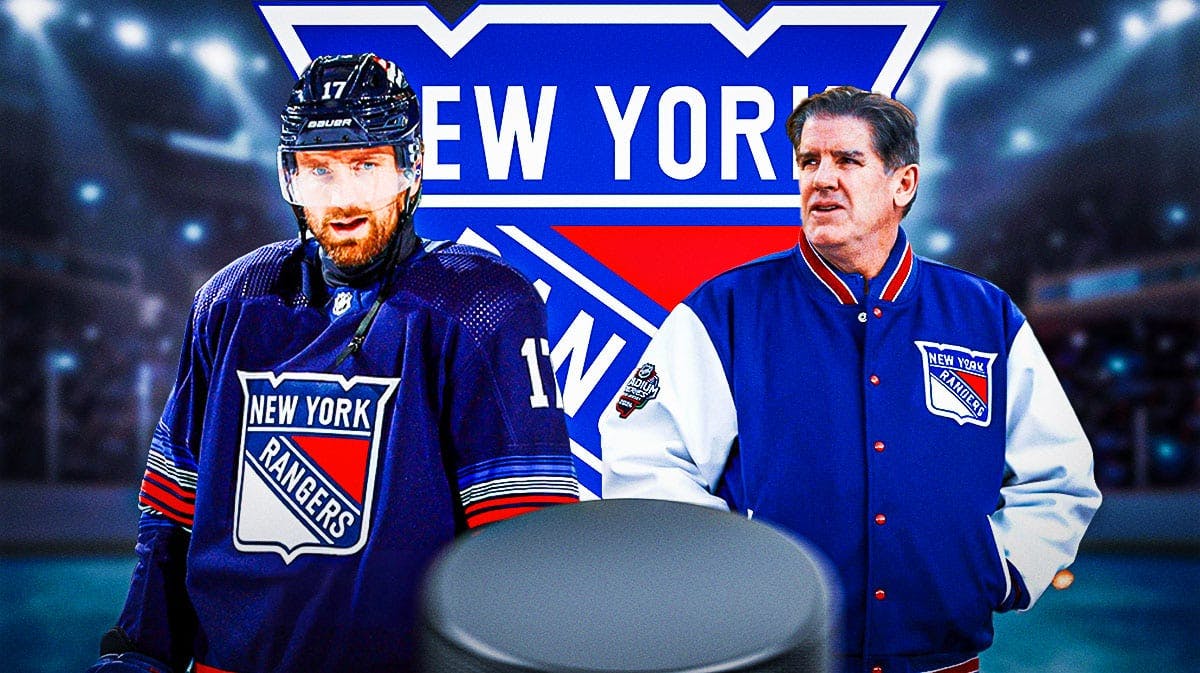 Blake Wheeler in image looking hopeful, Peter Laviolette in image looking hopeful, New York Rangers logo, hockey rink in background