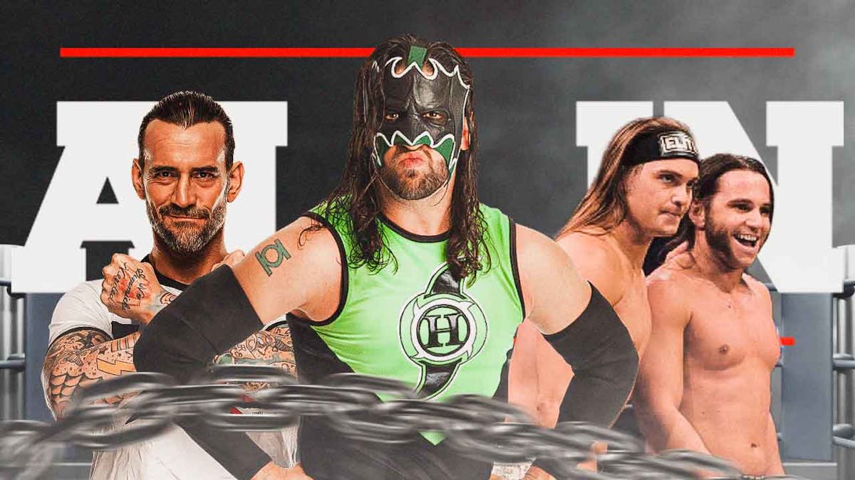 Hurricane Helms with CM Punk on his left and the Young Bucks on his right with the 2018 AEW All In logo as the background.
