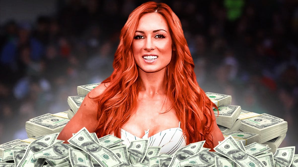 Becky Lynch surrounded by piles of cash.