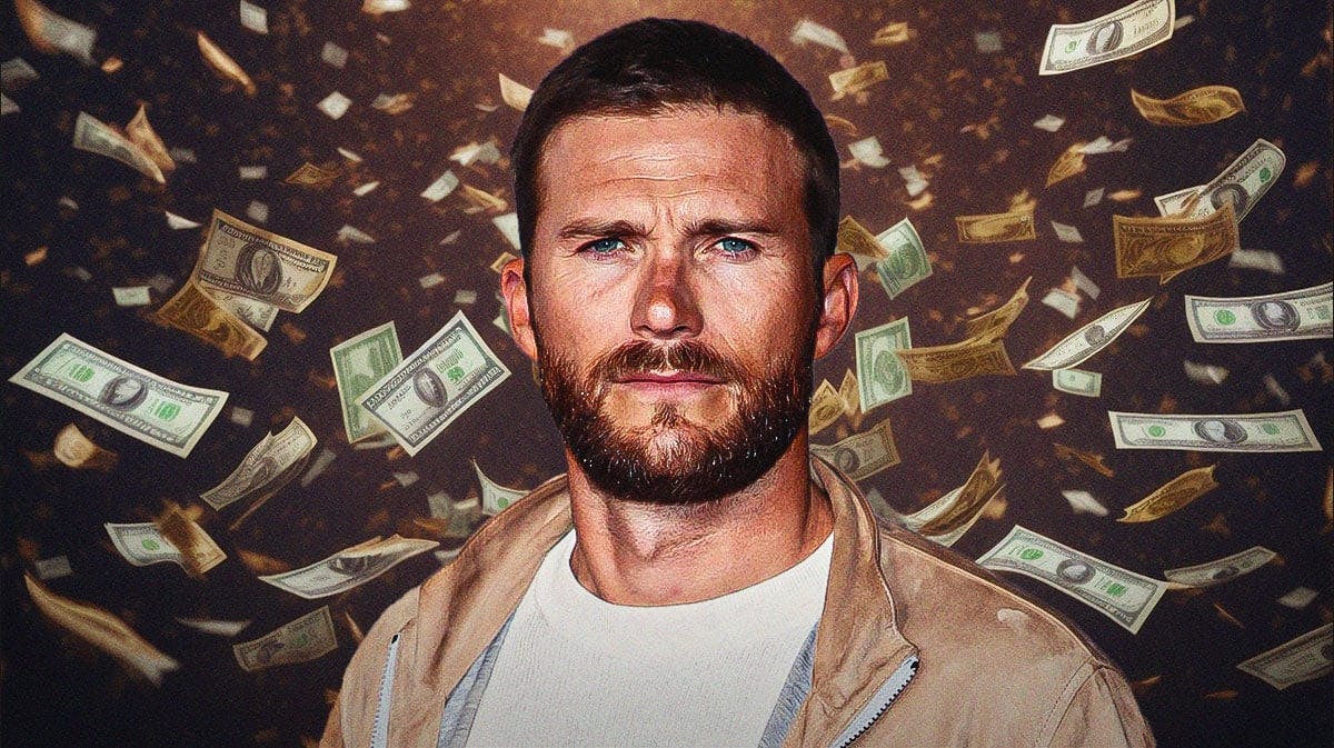 Scott Eastwood surrounded by piles of cash.