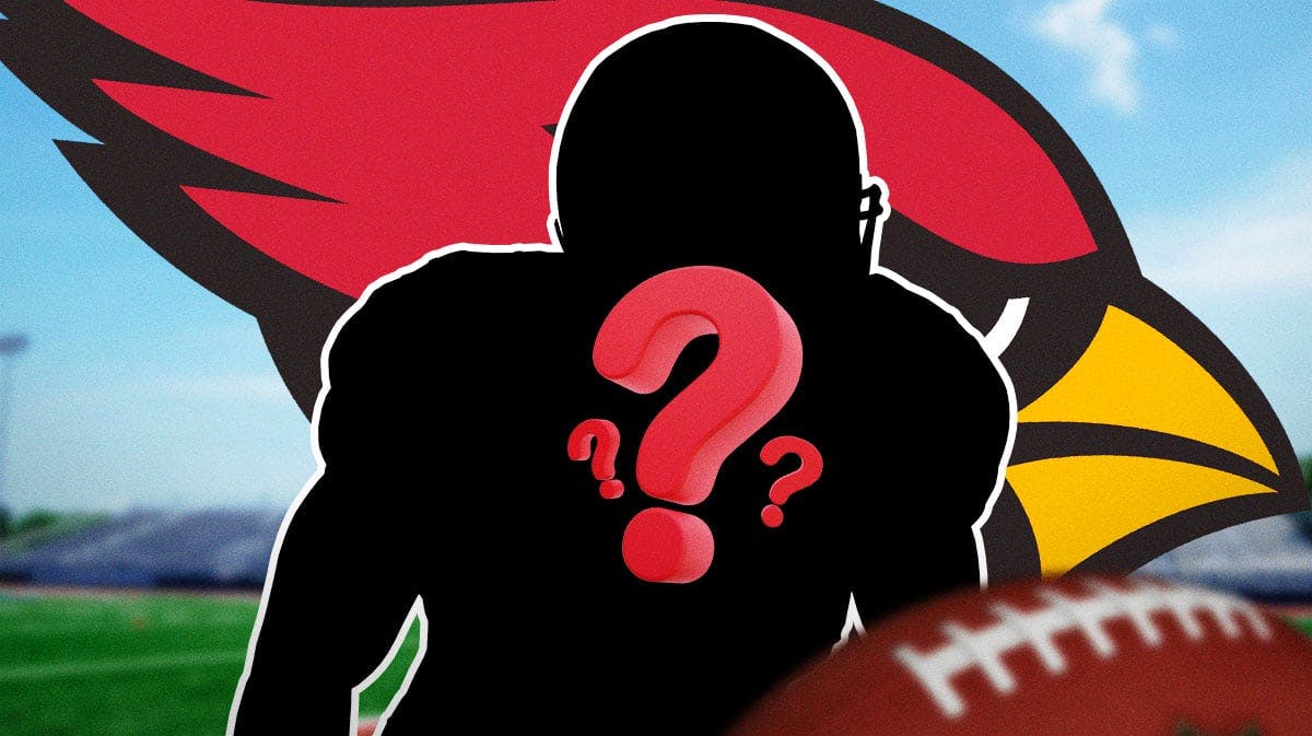 A silhouette of an American football player with a big question mark in the middle. There is also a logo for the Arizona Cardinals.