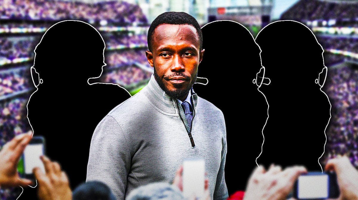 Kwesi Adofo-Mensah in the middle, 3 mystery players around him, Minnesota Vikings wallpaper in the background