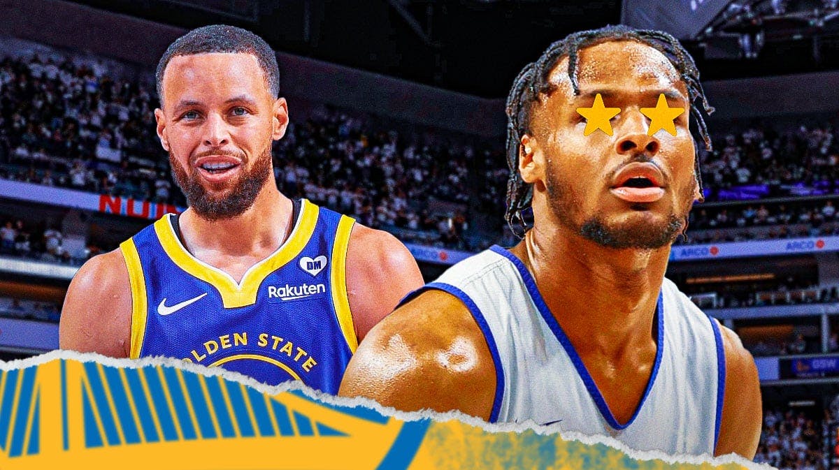 Bronny James with stars in his eyes, and Golden State Warriors Stephen Curry on the left.