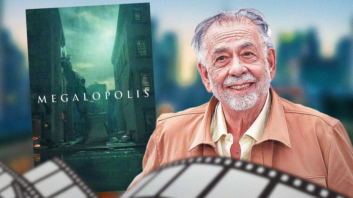 Francis Ford Coppola with a movie poster for Megalopolis.