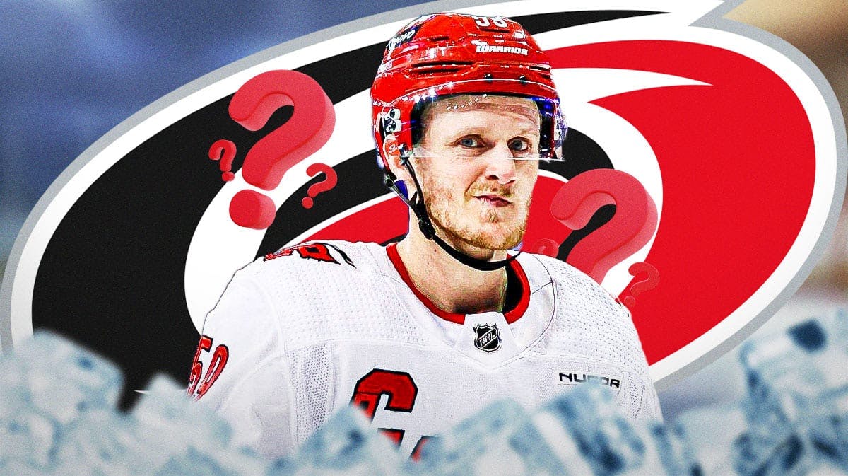 Jake Guentzel in middle of image looking thoughtful, Carolina Hurricanes logo, 3-5 question marks, hockey rink in background