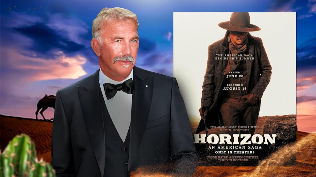 Kevin Costner with a Horizon poster.