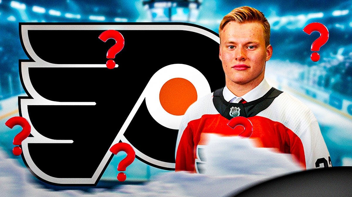 Matvei Michkov in middle of image looking hopeful, Philadelphia Flyers logo, 3-5 question marks, hockey rink in background