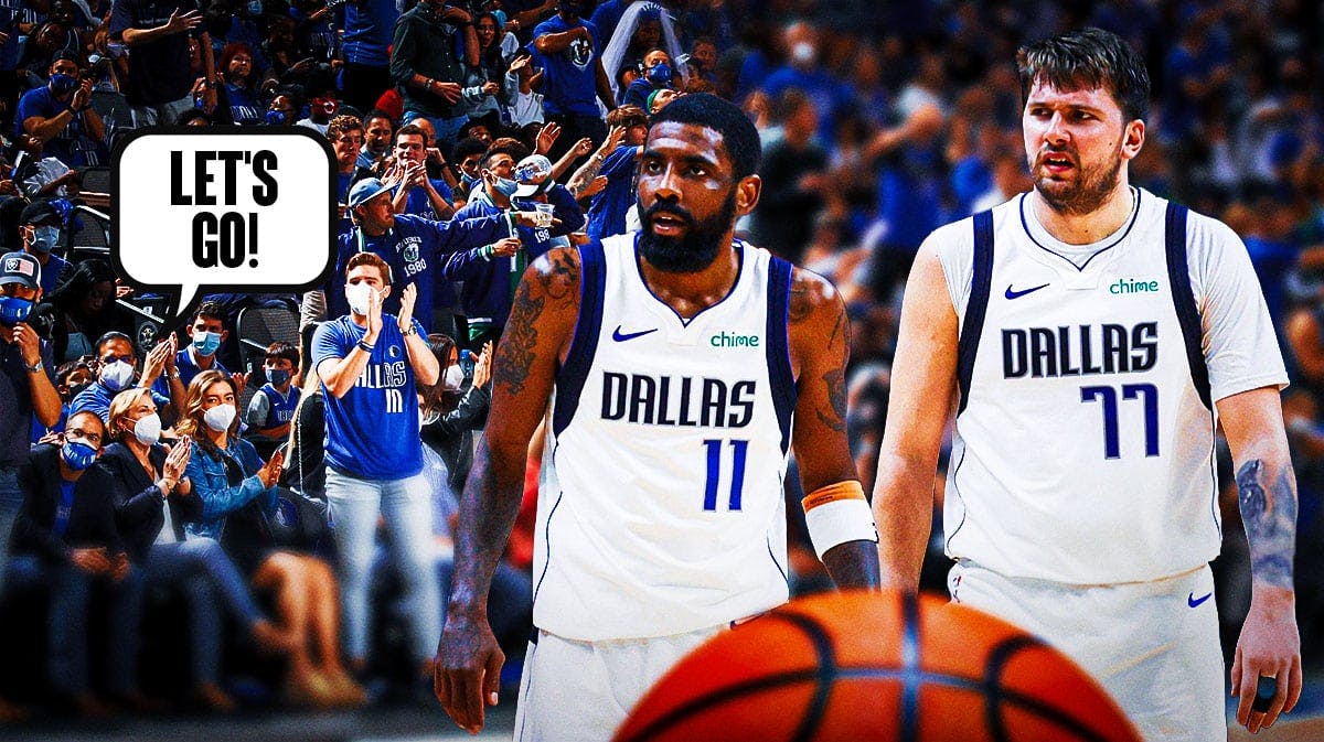 Luka Doncic and Kyrie Irving on one side, a bunch of Dallas Mavericks fans on the other side with a speech bubble that says "Let's go!"
