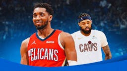 Cavs' Donovan Mitchell in a Pelicans uniform, with Brandon Ingram in a Cavs uni