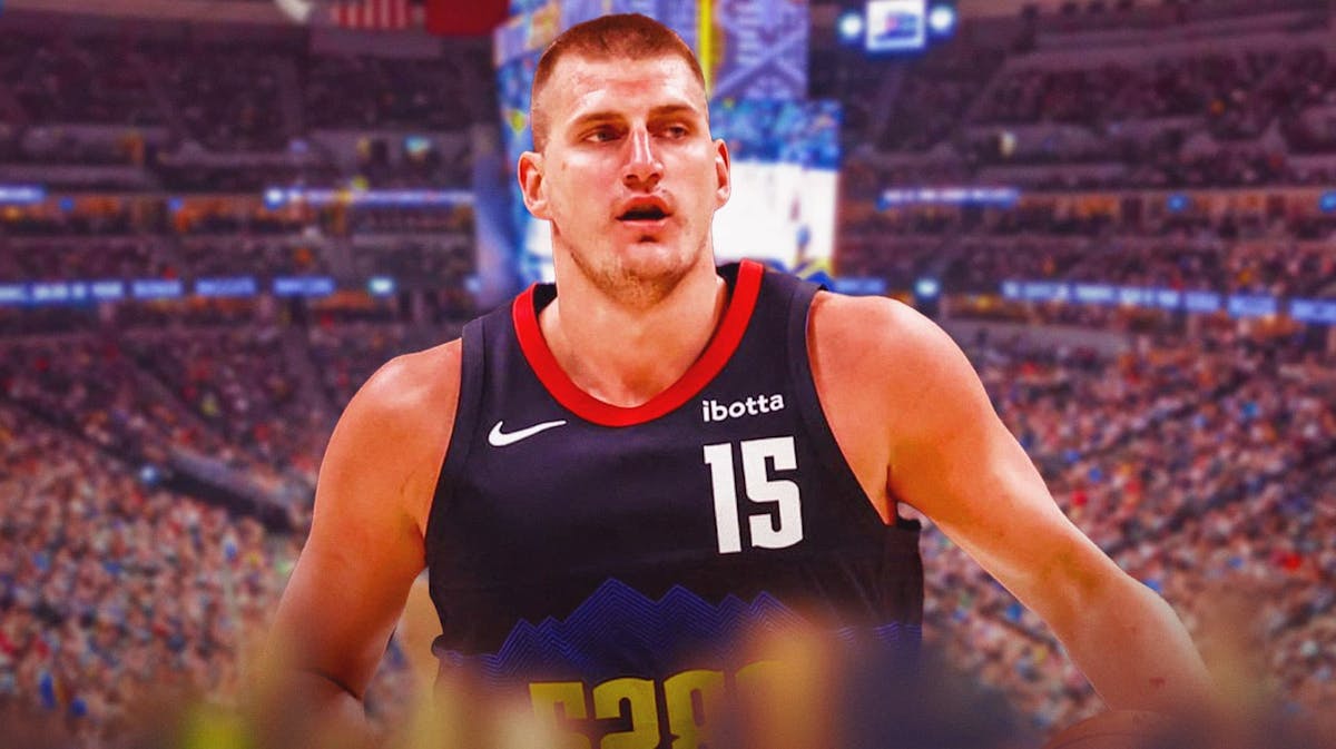 Nikola Jokic with the Nuggets arena in the background, NBA Playoffs