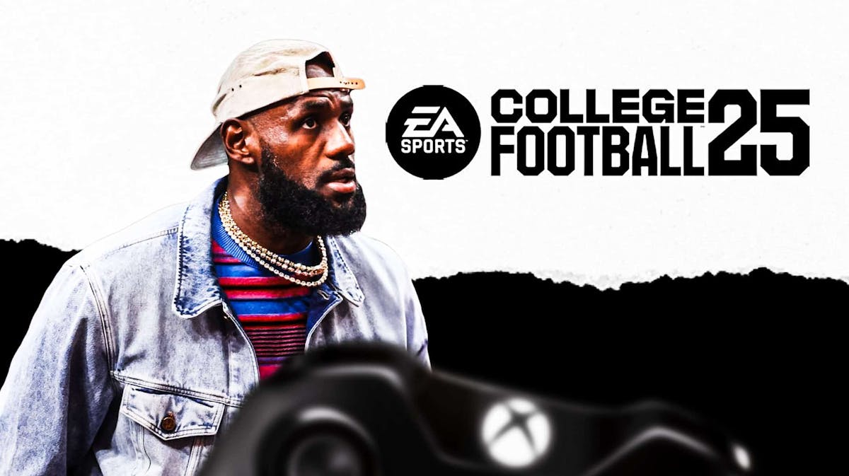 LeBron James looking at the logo For EA College Football 2025.