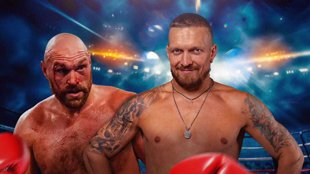 Oleksandr Usyk smiles next to Tyson Fury, who's beaten up and bruised