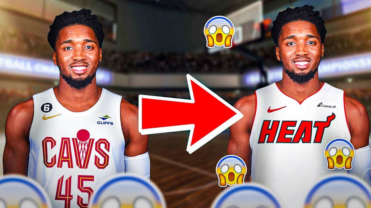 Donovan Mitchell on one side in a Cleveland Cavaliers jersey with an arrow pointing to Donovan Mitchell on the other side in a Miami Heat jersey, a bunch of shocked emojis in the background