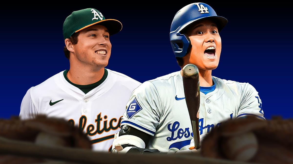 Dodgers Shohei Ohtani and Athletics Mason Miller smiling and waving