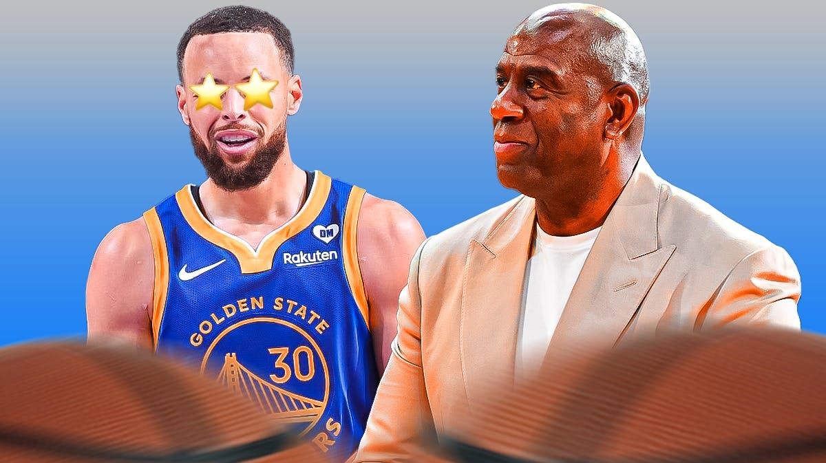 Stephen Curry (Warriors) with stars in eyes, Magic Johnson looking happy