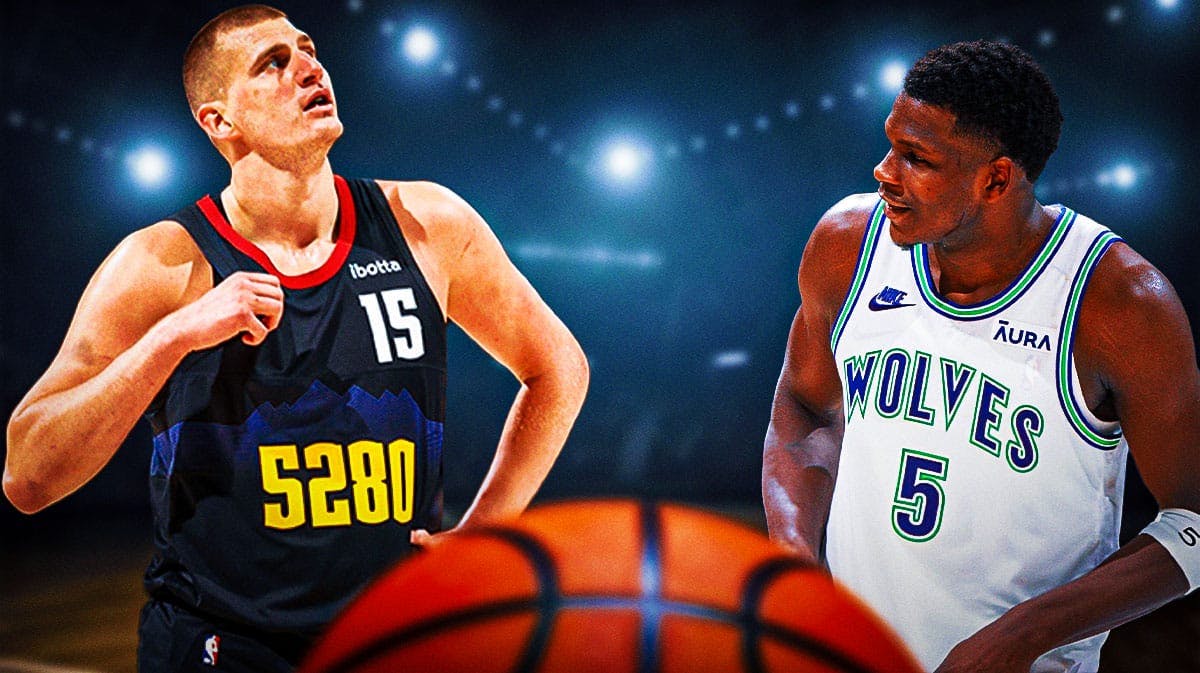 Minnesota Timberwolves star Anthony edwards and Denver Nuggets star Nikola Jokic in front of the Ball Arena.