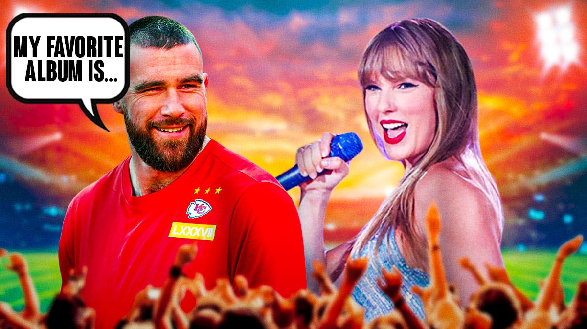 Kansas City Chiefs tight end Travis Kelce with American singer/songwriter Taylor Swift. Kelce has a word bubble that says “My favorite album is…”. They are next to a logo for the Kansas City Chiefs.