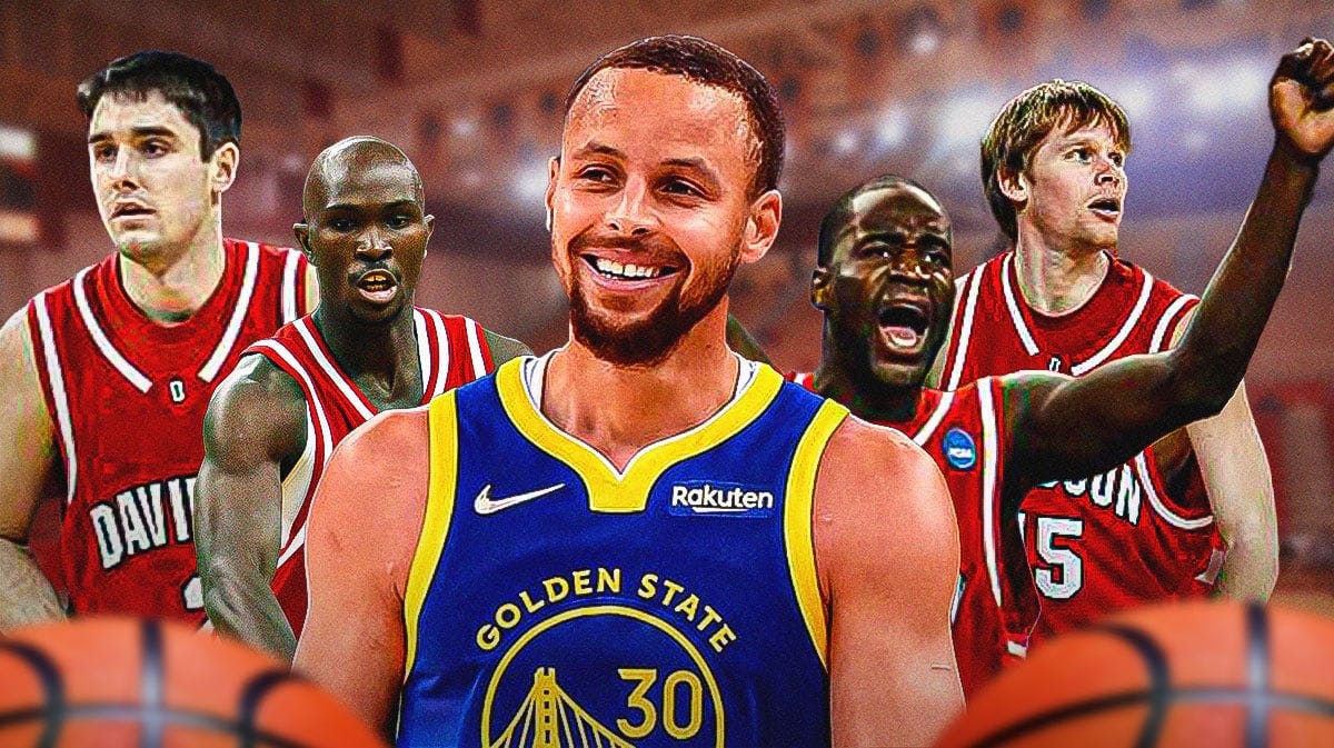 Stephen Curry in a Warriors jersey with Jason Richards, Andrew Lovedale, Boris Meno, and Thomas Sander behind him in Davidson jerseys.